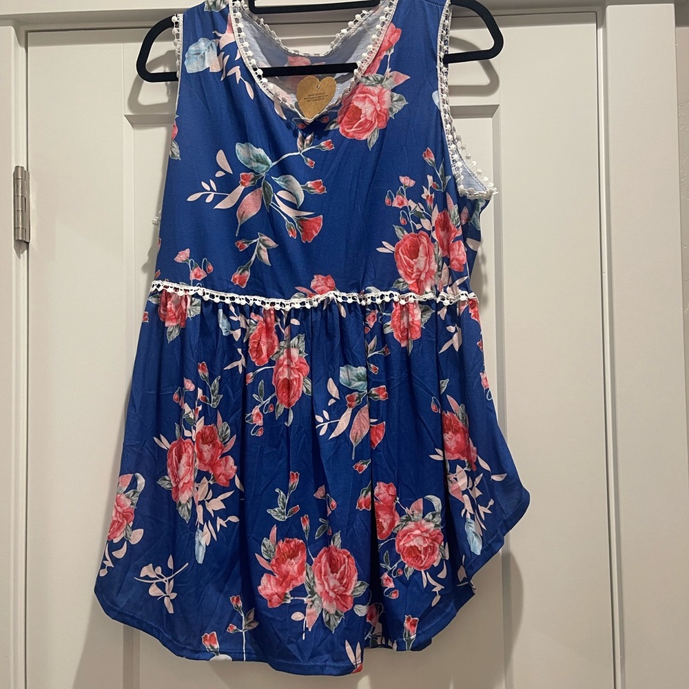 Fierce Boutique Blue Floral High Low Tunic Top | Lace Trim | Boho